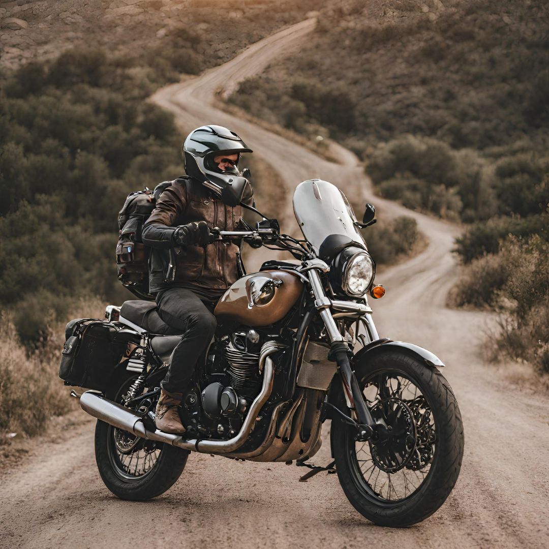 A man embarks on a thrilling motorcycle adventure down a dirt road, essential for any epic road trip.