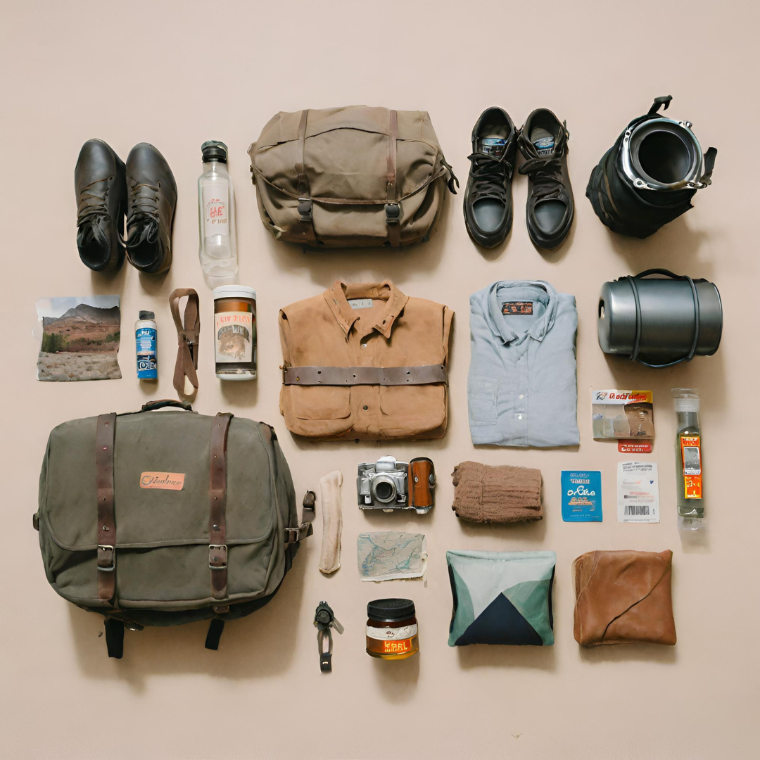The essentials for a motorcycle road trip are laid out on a table.